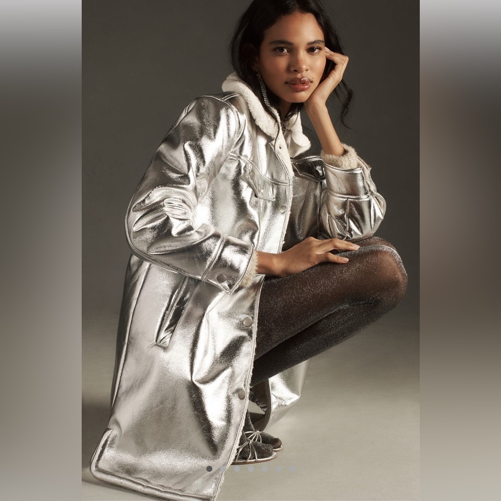 NWT Avec Les Filles Sherpa Collar Metallic Long Coat Anthropologie